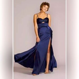 JULES AND CLEO Navy Blue Sequin Satin Cutout Prom Dress